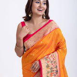  Yellow Paithani Silk Saree With Pink Floral Border and Pallu  Close Up
