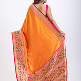 Yellow Paithani Silk Saree With Pink Floral Border and Pallu

