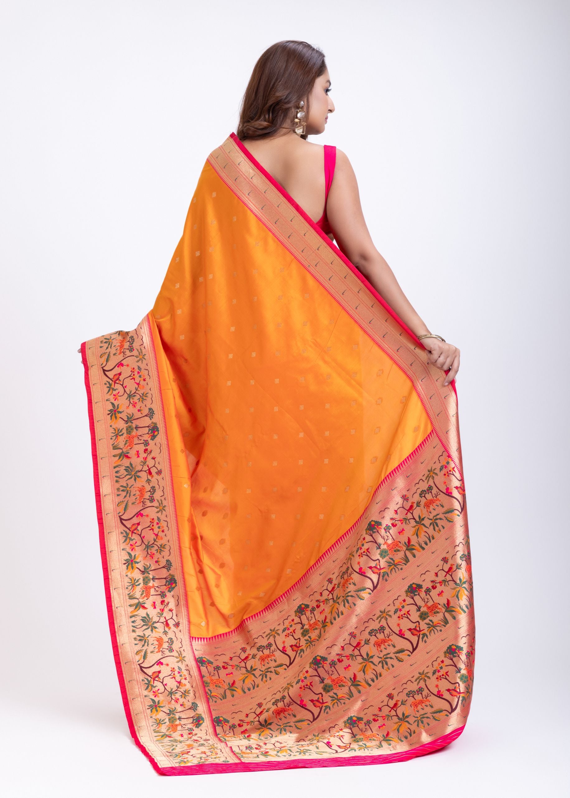 Yellow Paithani Silk Saree With Pink Floral Border and Pallu
