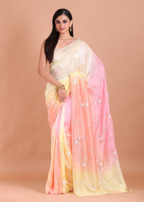 Yellow Pink Peach Multi color Hand Embroidered Party Wear Saree - Anvi Couture