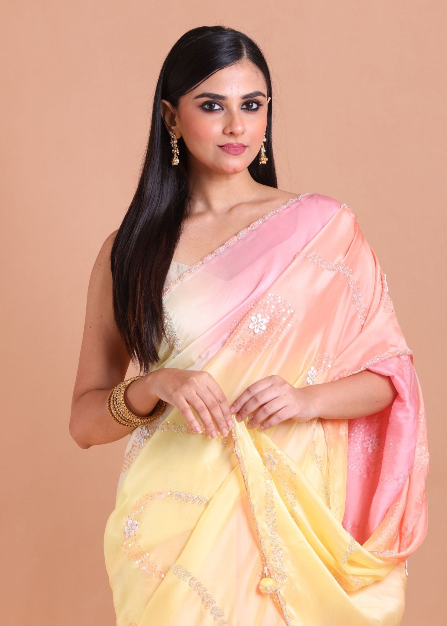 Yellow Pink Peach Multi color Hand Embroidered Party Wear Saree - Anvi Couture