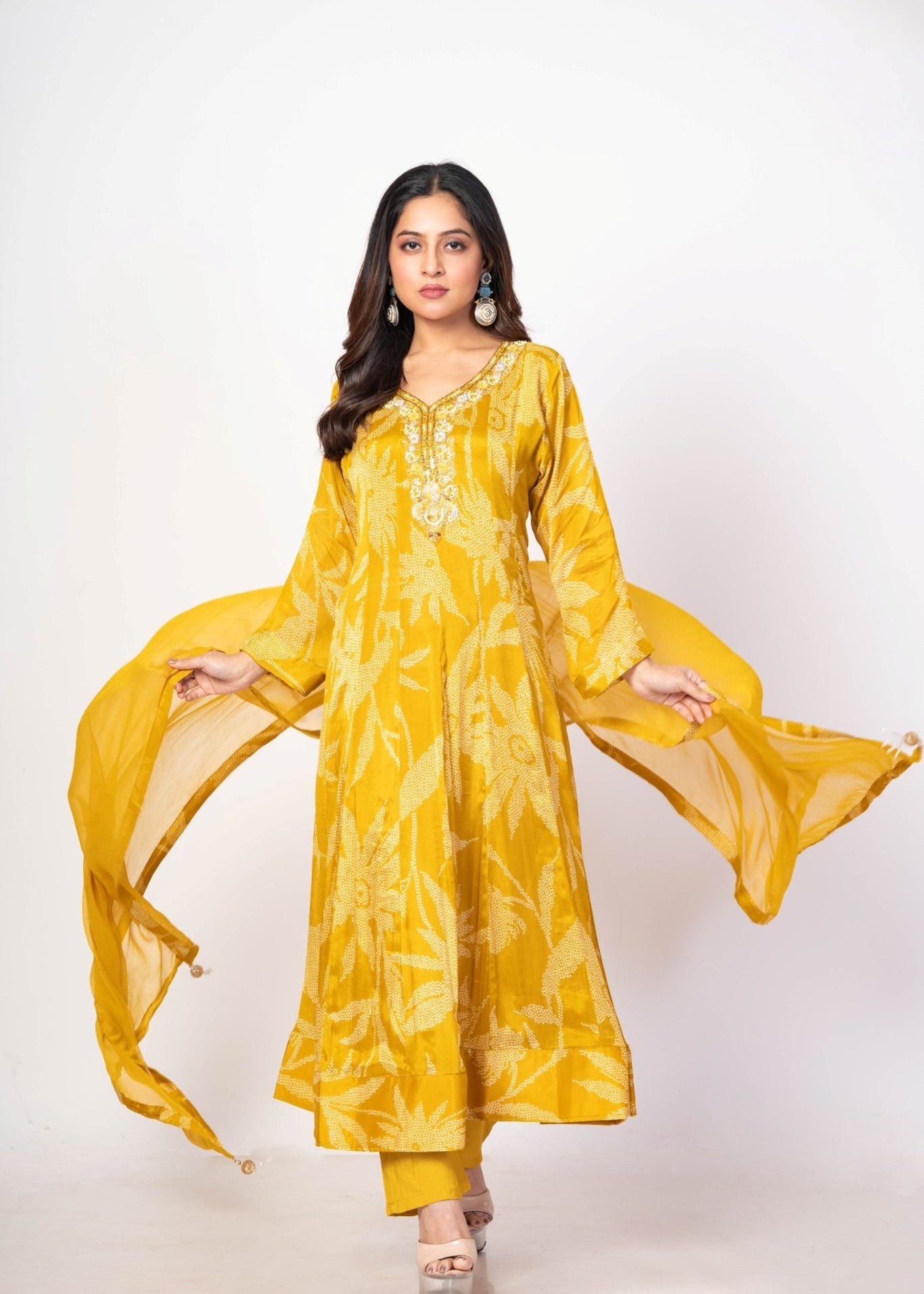 Yellow Printed Anarkali Set With Embroidered Work - Front View - Anvi Couture 