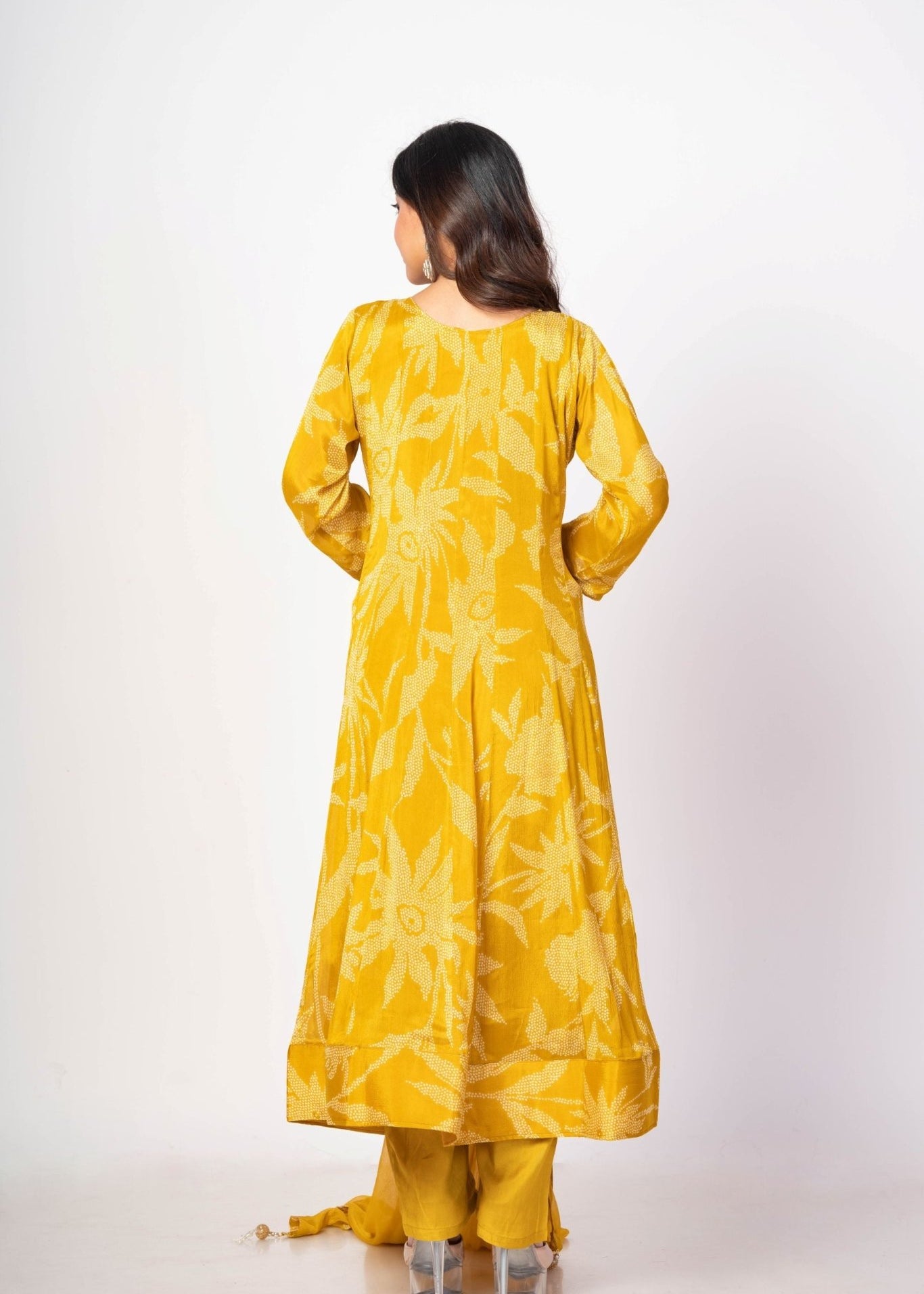 Yellow Printed Anarkali Set With Embroidered Work - Back View