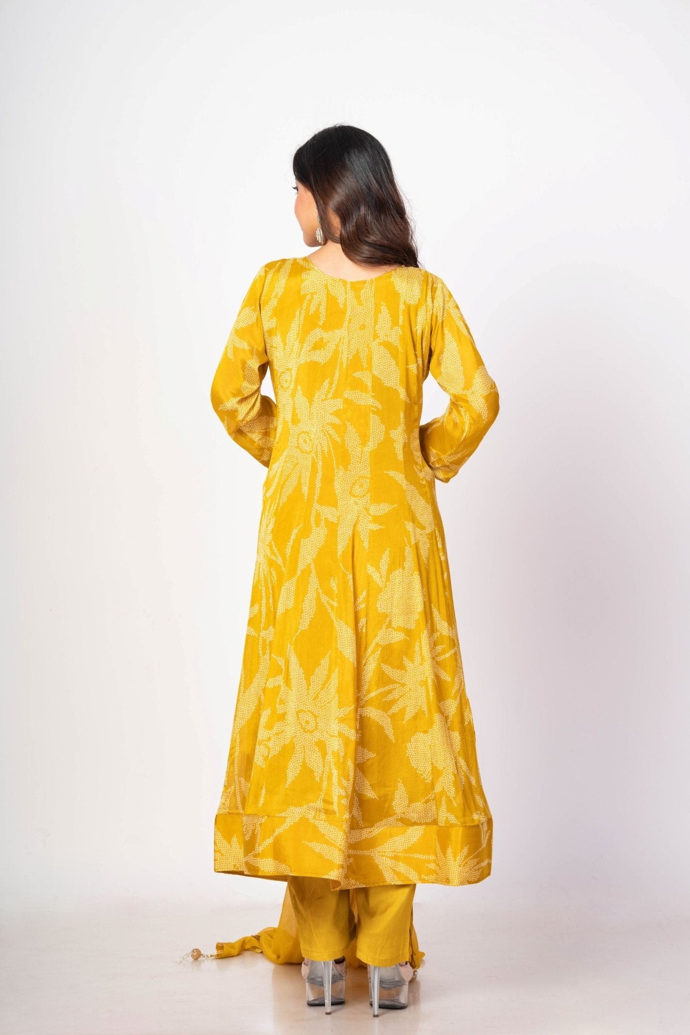 Yellow Printed Anarkali Set With Embroidered Work - Back View