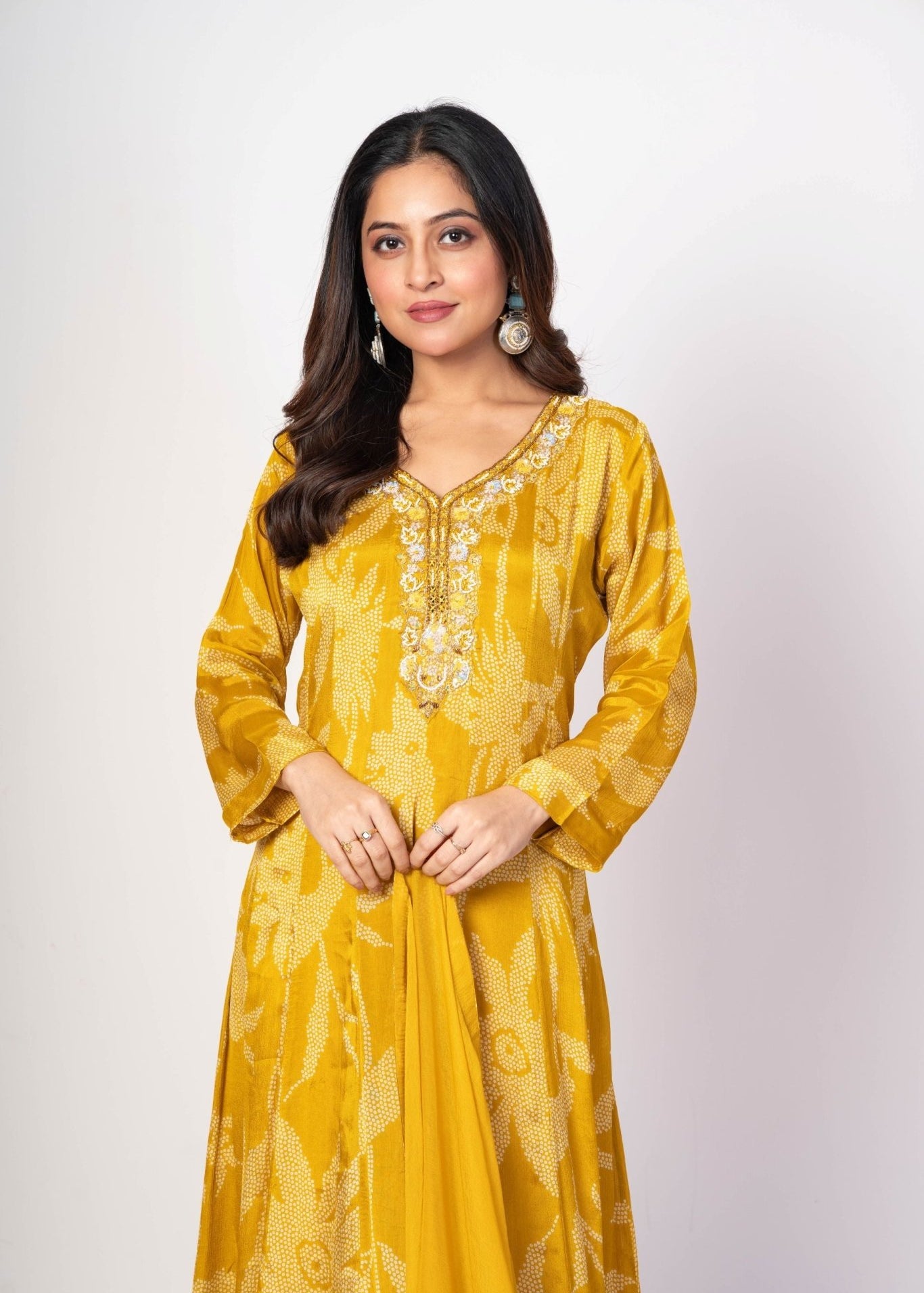 Yellow Printed Anarkali Set With Embroidered Work — close-up drape view showing embroidered neckline detail — Anvi Couture