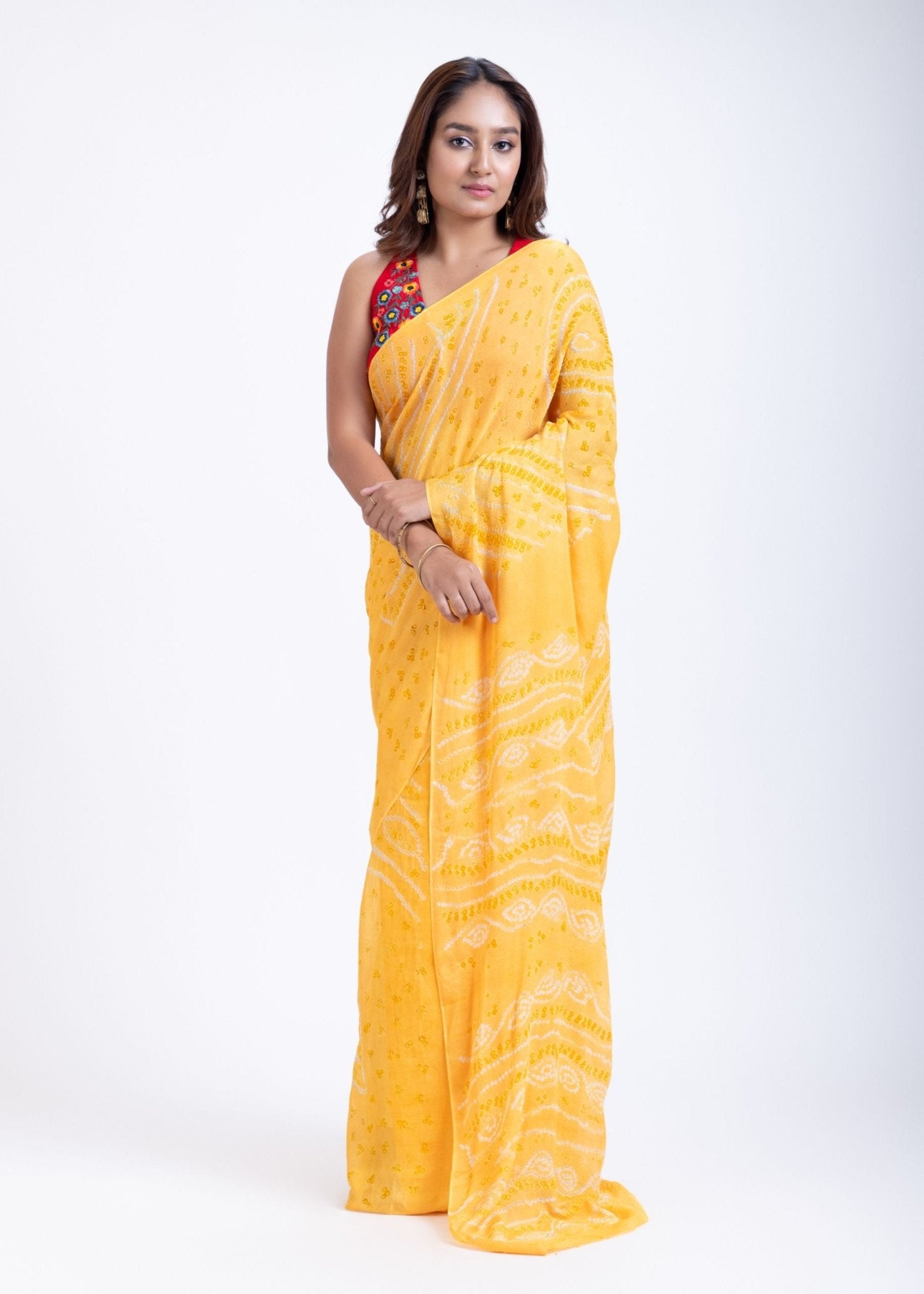 Yellow Pure Bandhani Georgette Saree - Anvi Couture