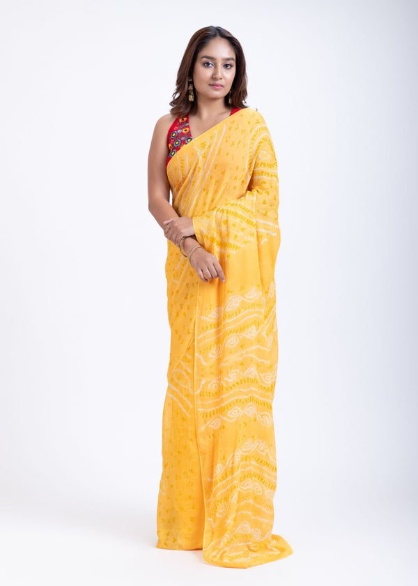 Yellow Pure Bandhani Georgette Saree - Anvi Couture
