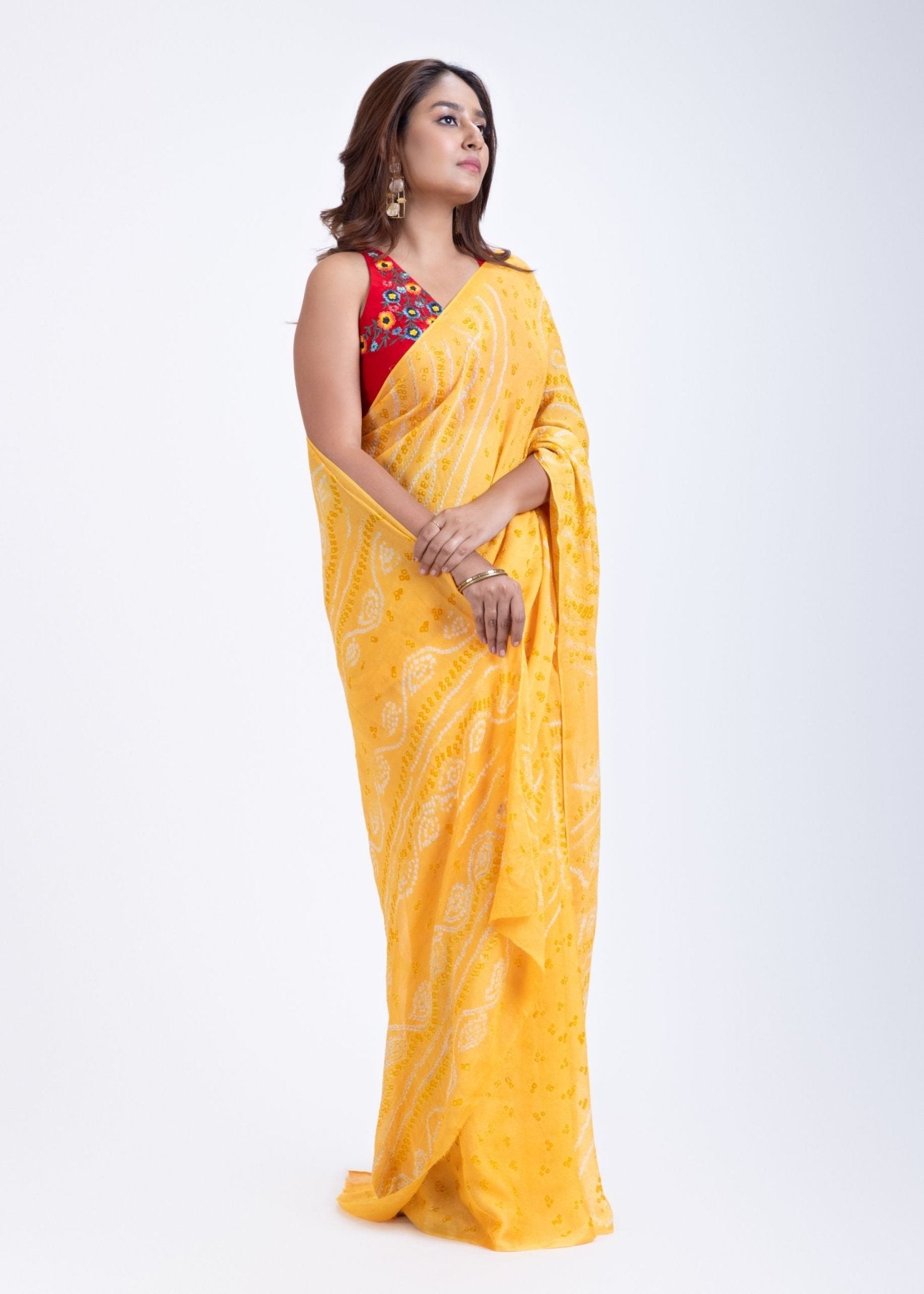 Yellow Pure Bandhani Georgette Saree - Anvi Couture