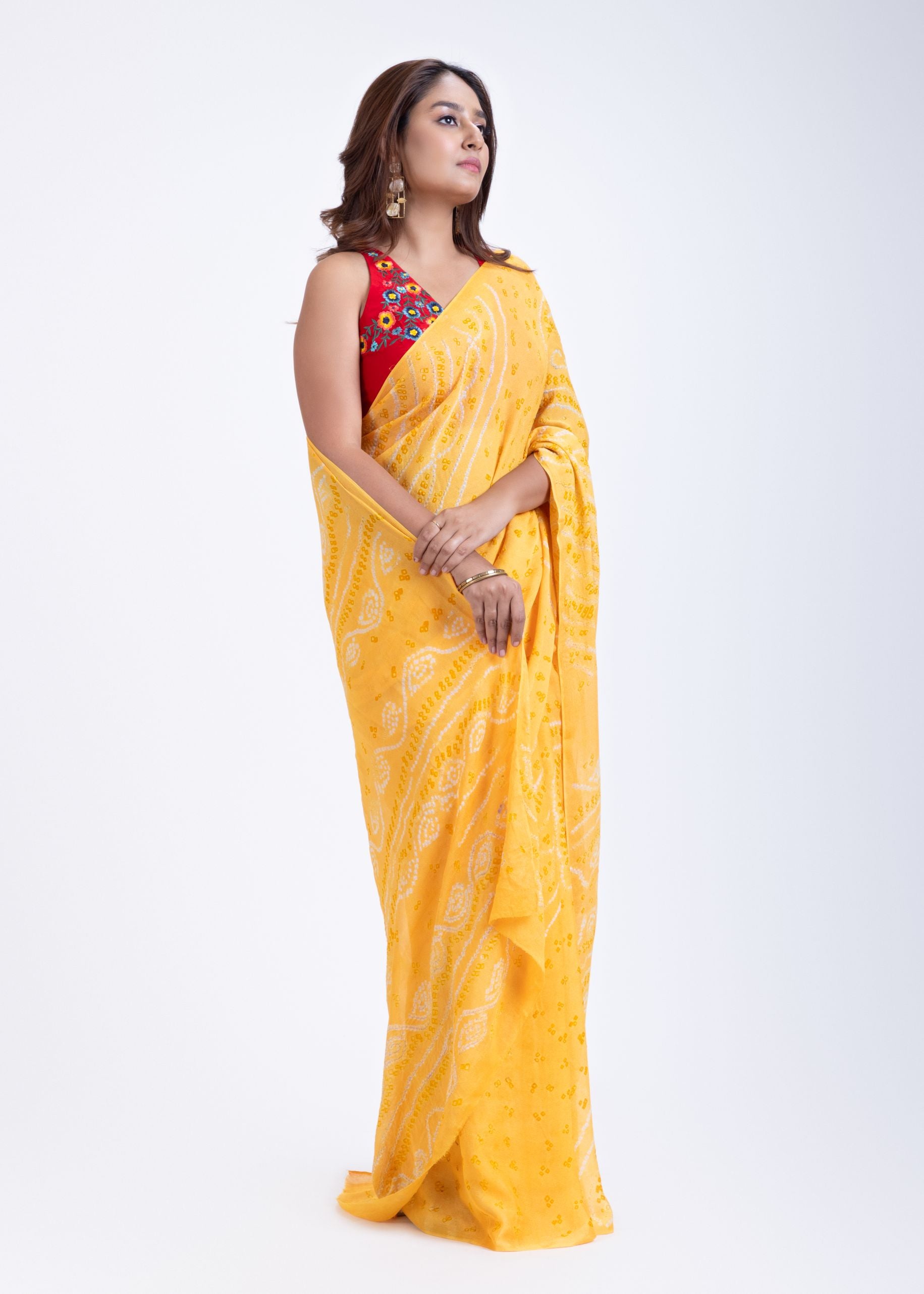 Yellow Pure Bandhani Georgette Saree Front
