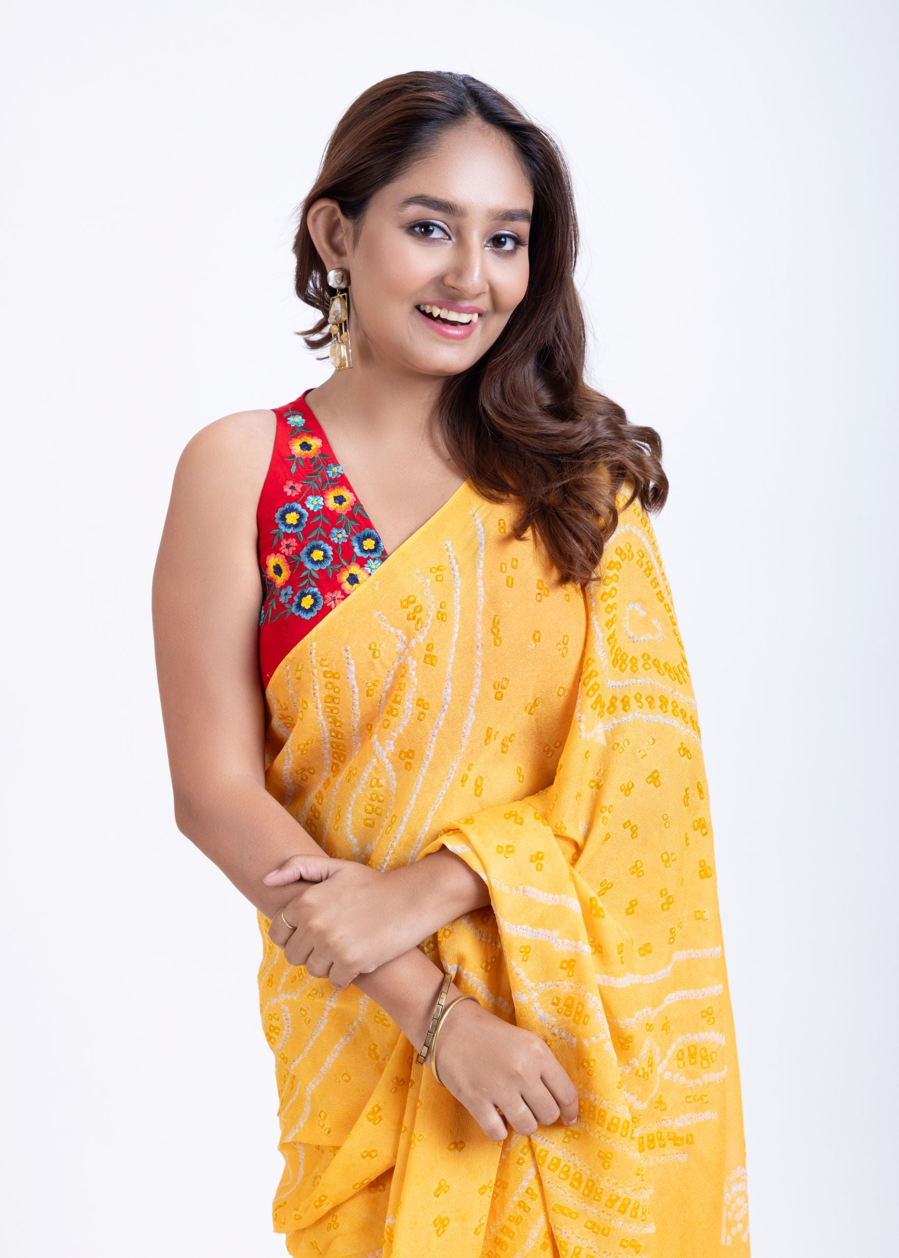 Yellow Pure Bandhani Georgette Saree Close Up
