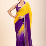 Yellow Purple Embroidered Designer Saree - Front
