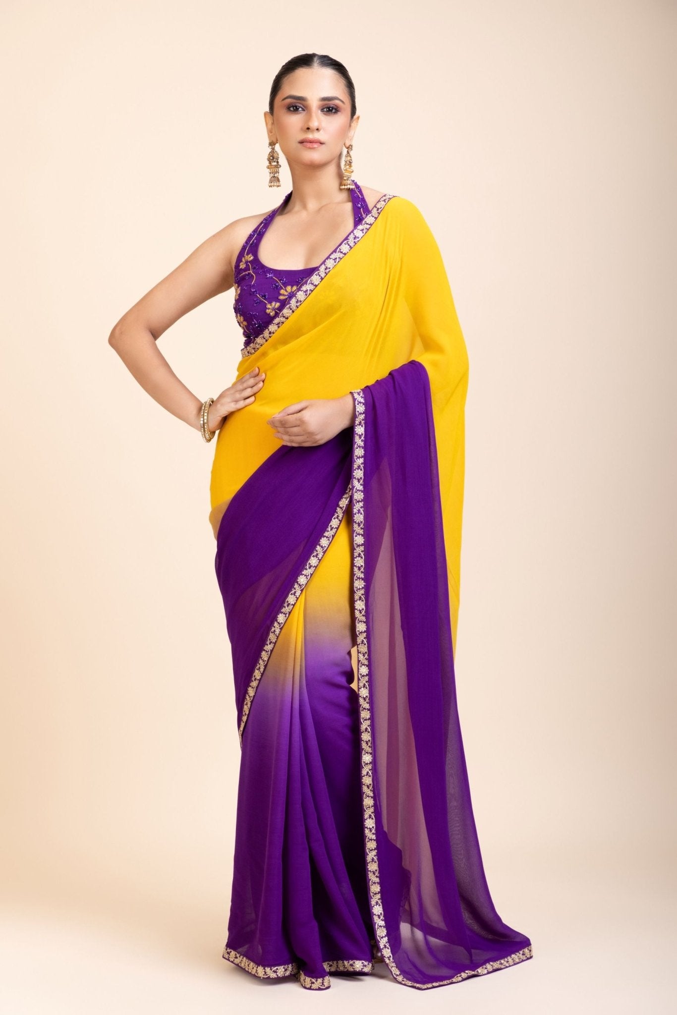 Yellow Purple Embroidered Designer Saree - Anvi Couture