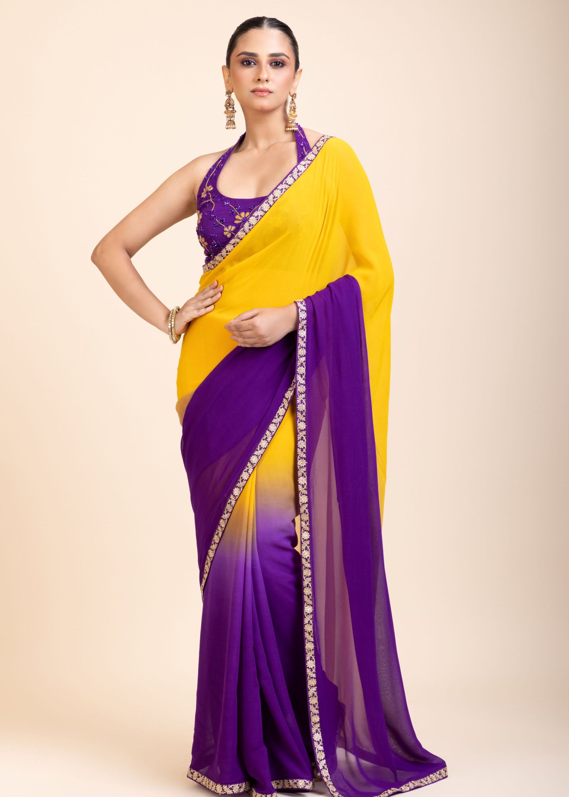 Yellow Purple Embroidered Designer Saree - Front
