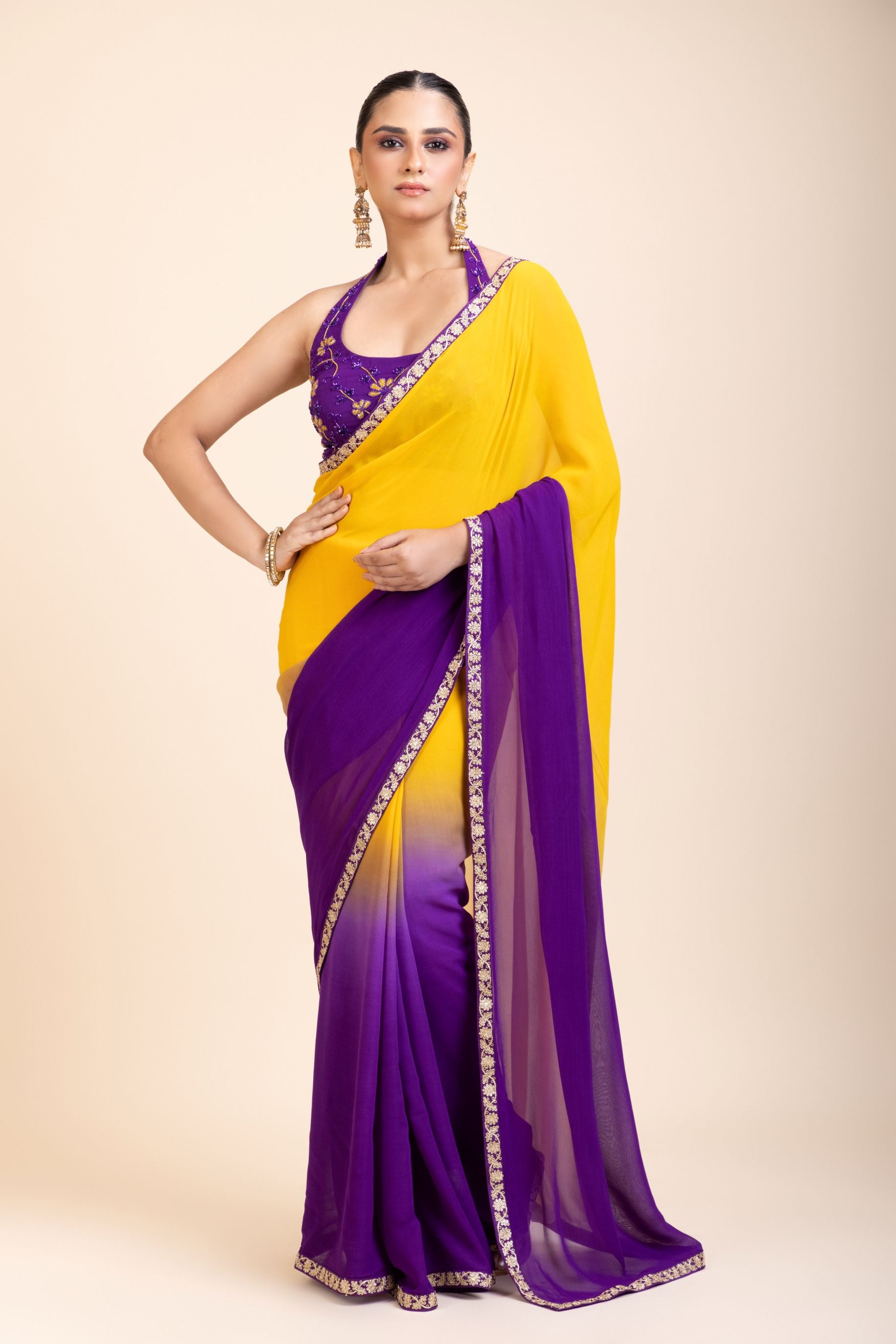 Yellow Purple Embroidered Designer Saree - Front
