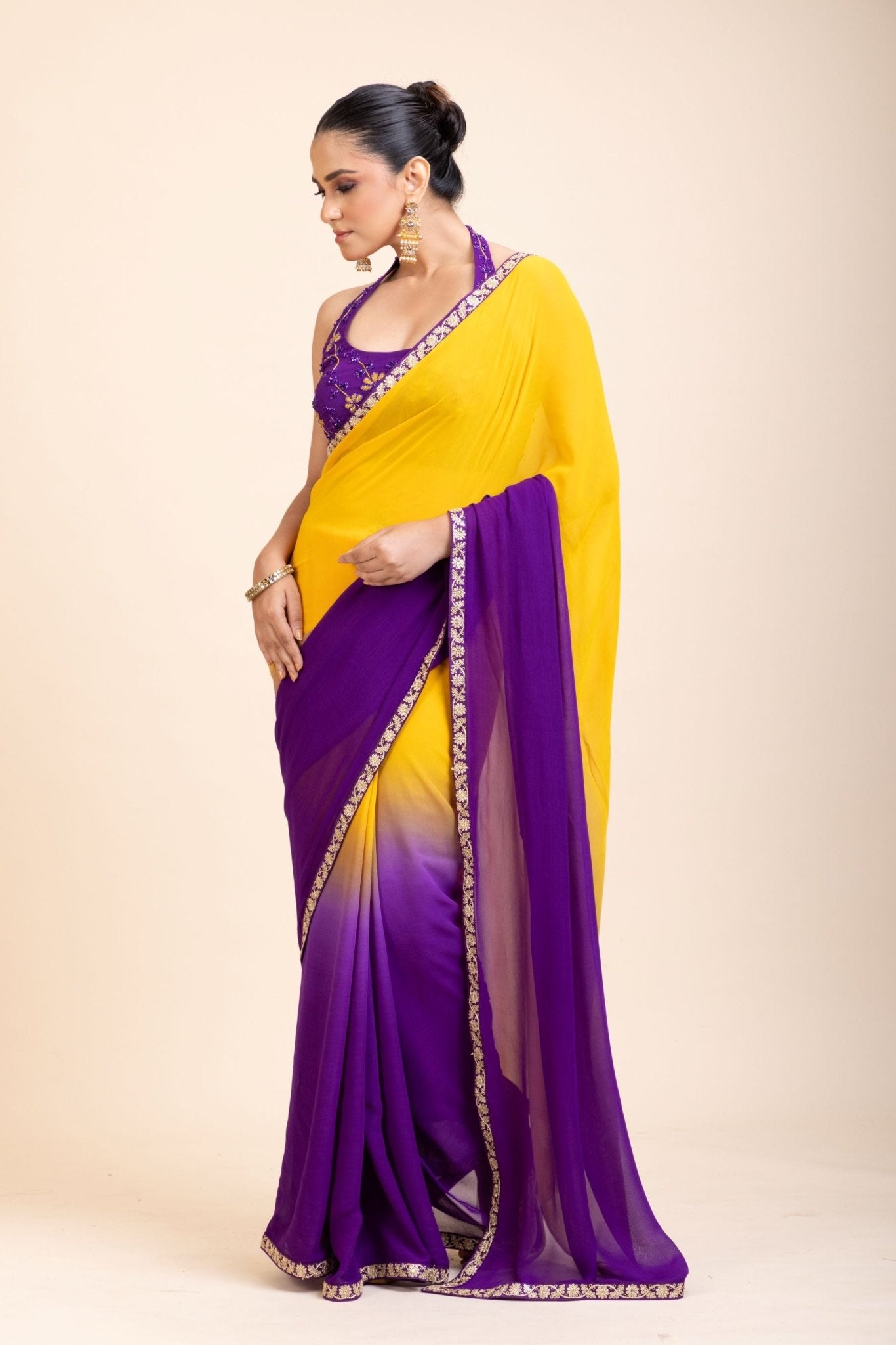 Yellow Purple Embroidered Designer Saree - Anvi Couture
