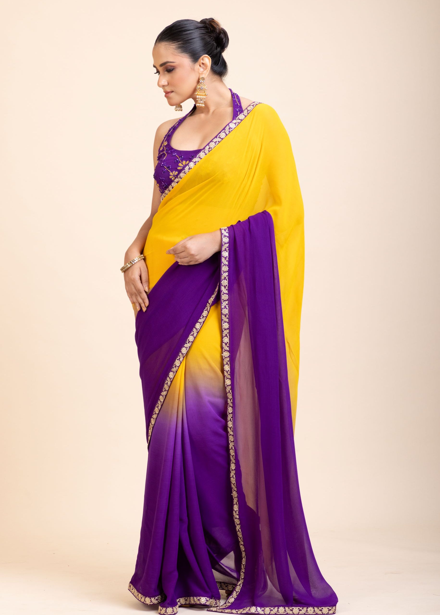 Yellow Purple Embroidered Designer Saree - Side
