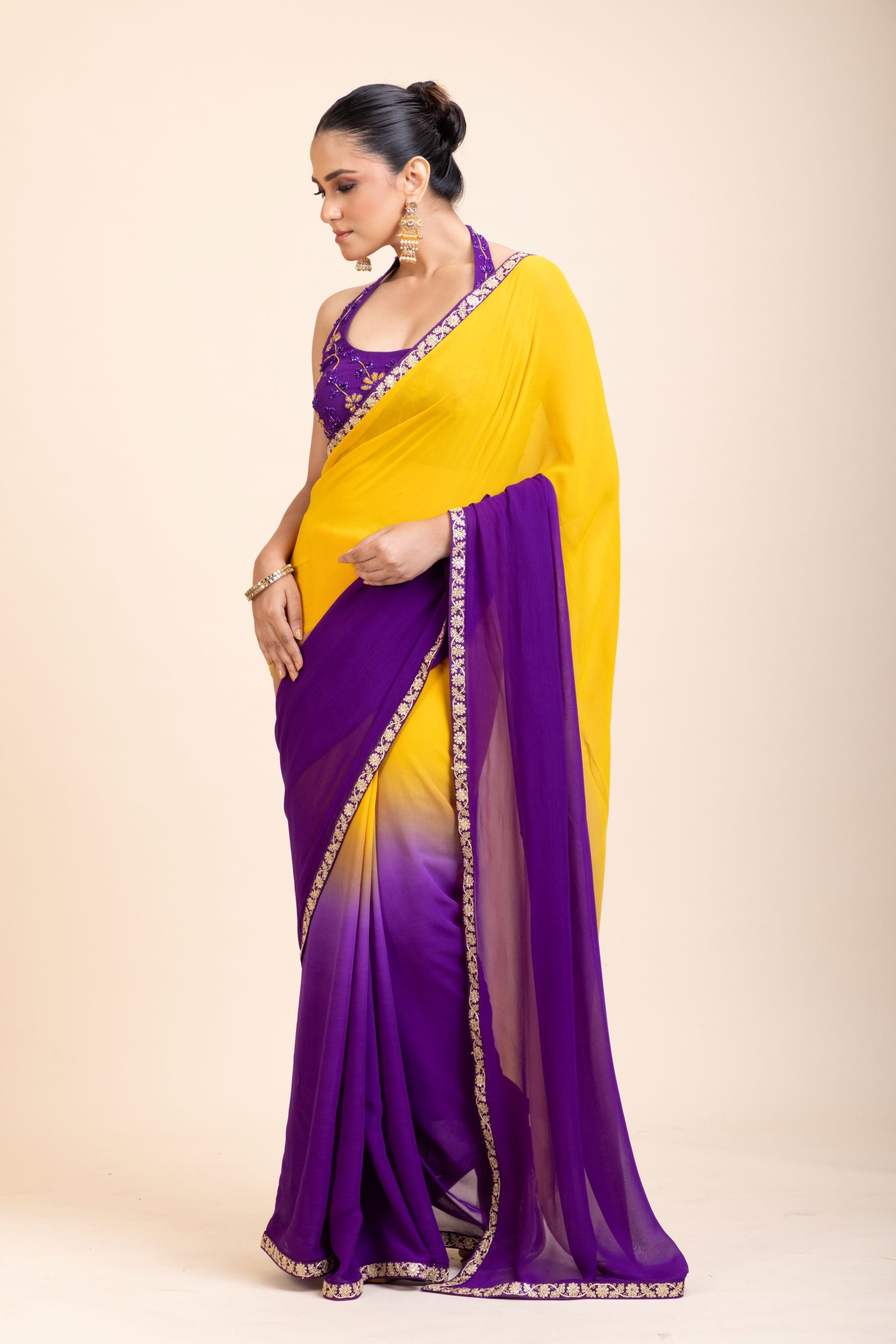 Yellow Purple Embroidered Designer Saree - Side
