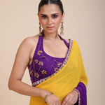 Yellow Purple Embroidered Designer Saree - Close
