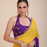 Yellow Purple Embroidered Designer Saree - Close
