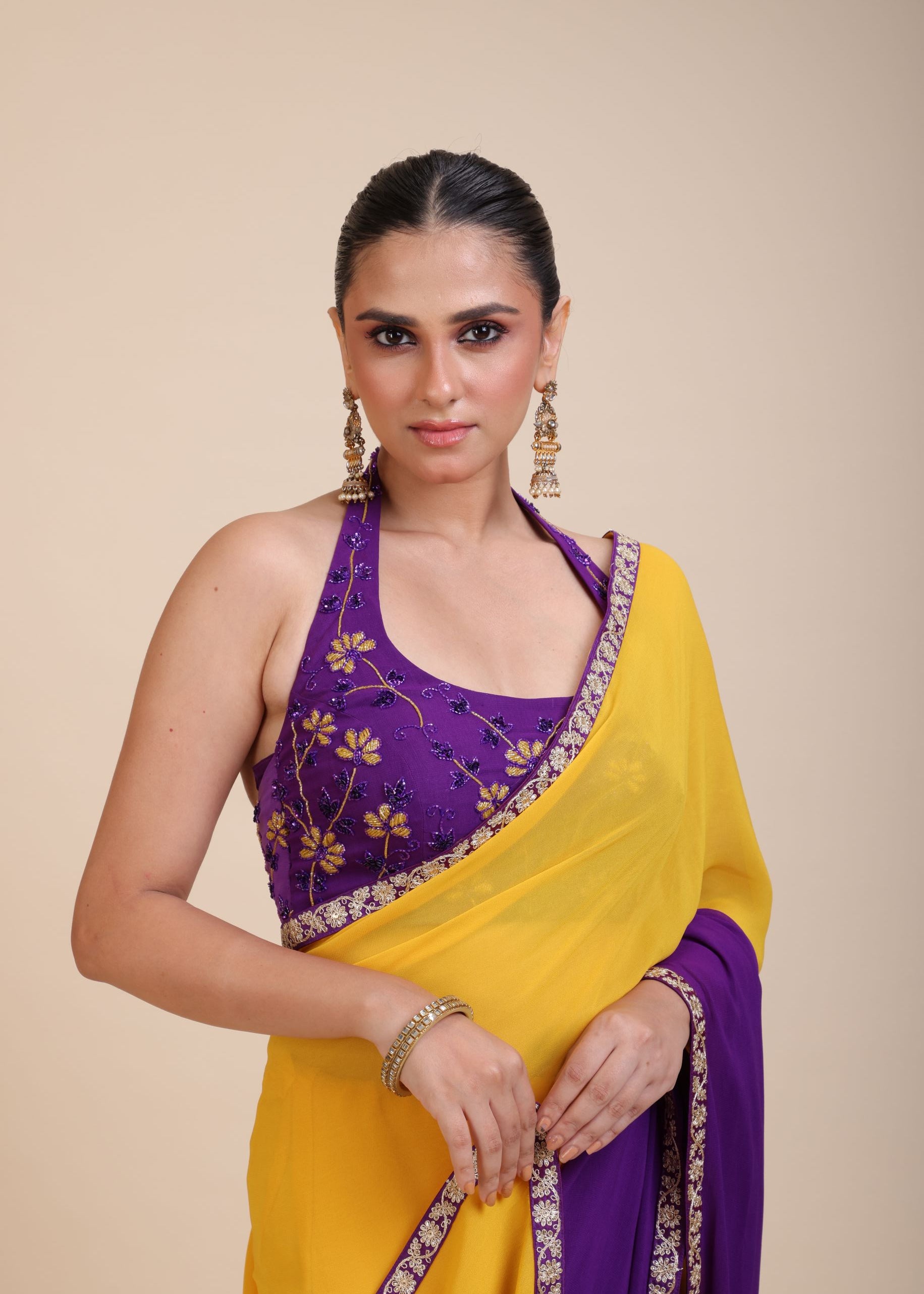 Yellow Purple Embroidered Designer Saree - Close

