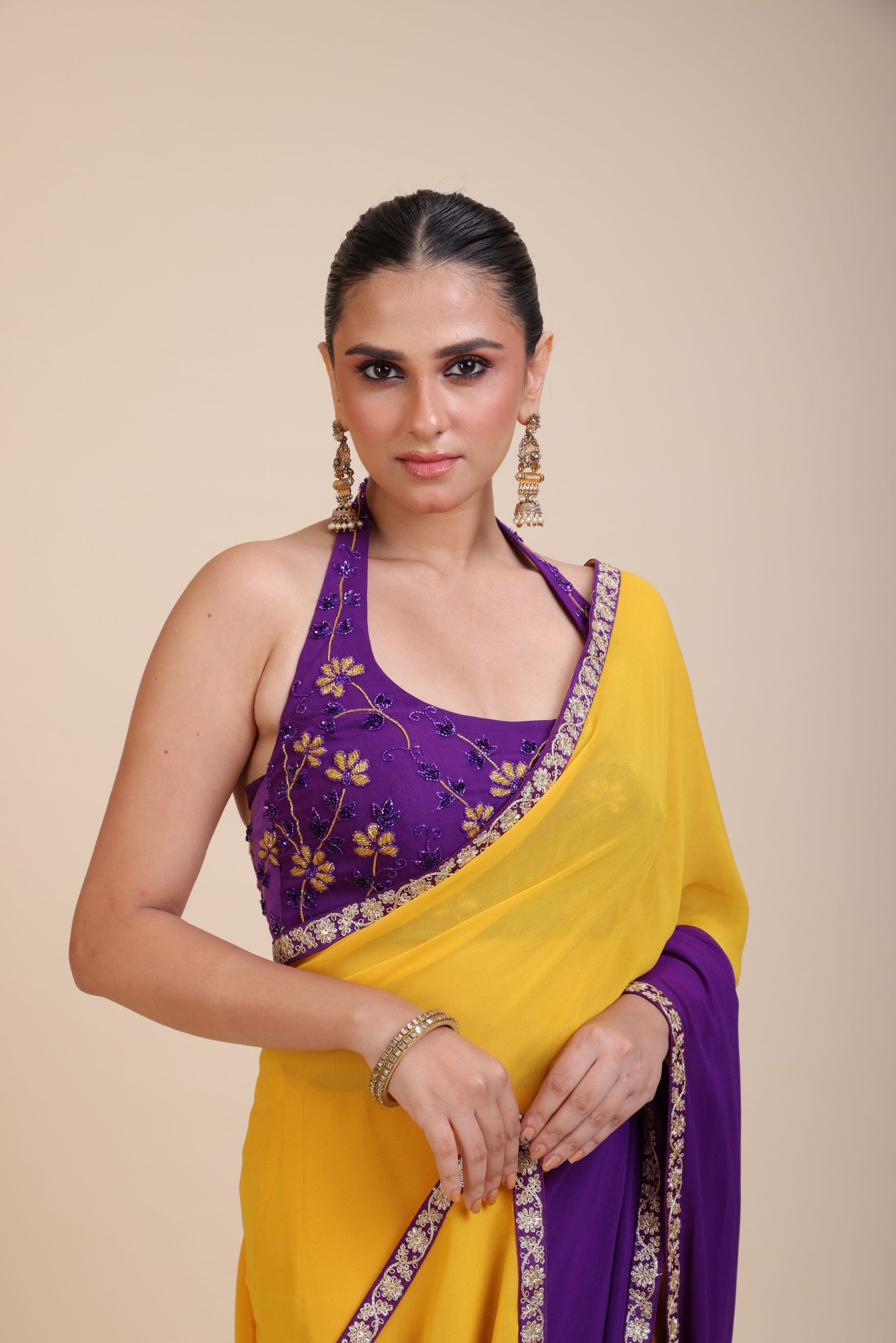 Yellow Purple Embroidered Designer Saree - Close
