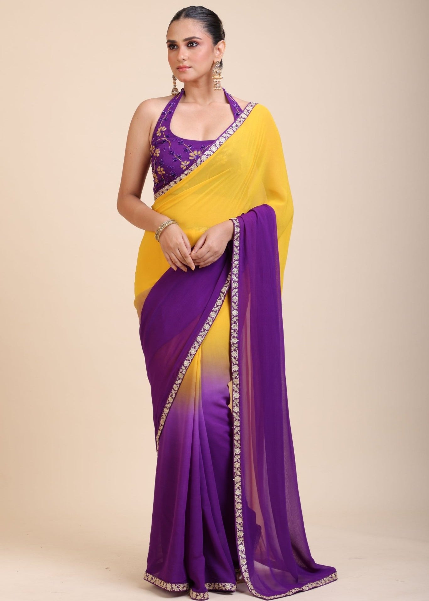 Yellow Purple Embroidered Designer Saree - Anvi Couture