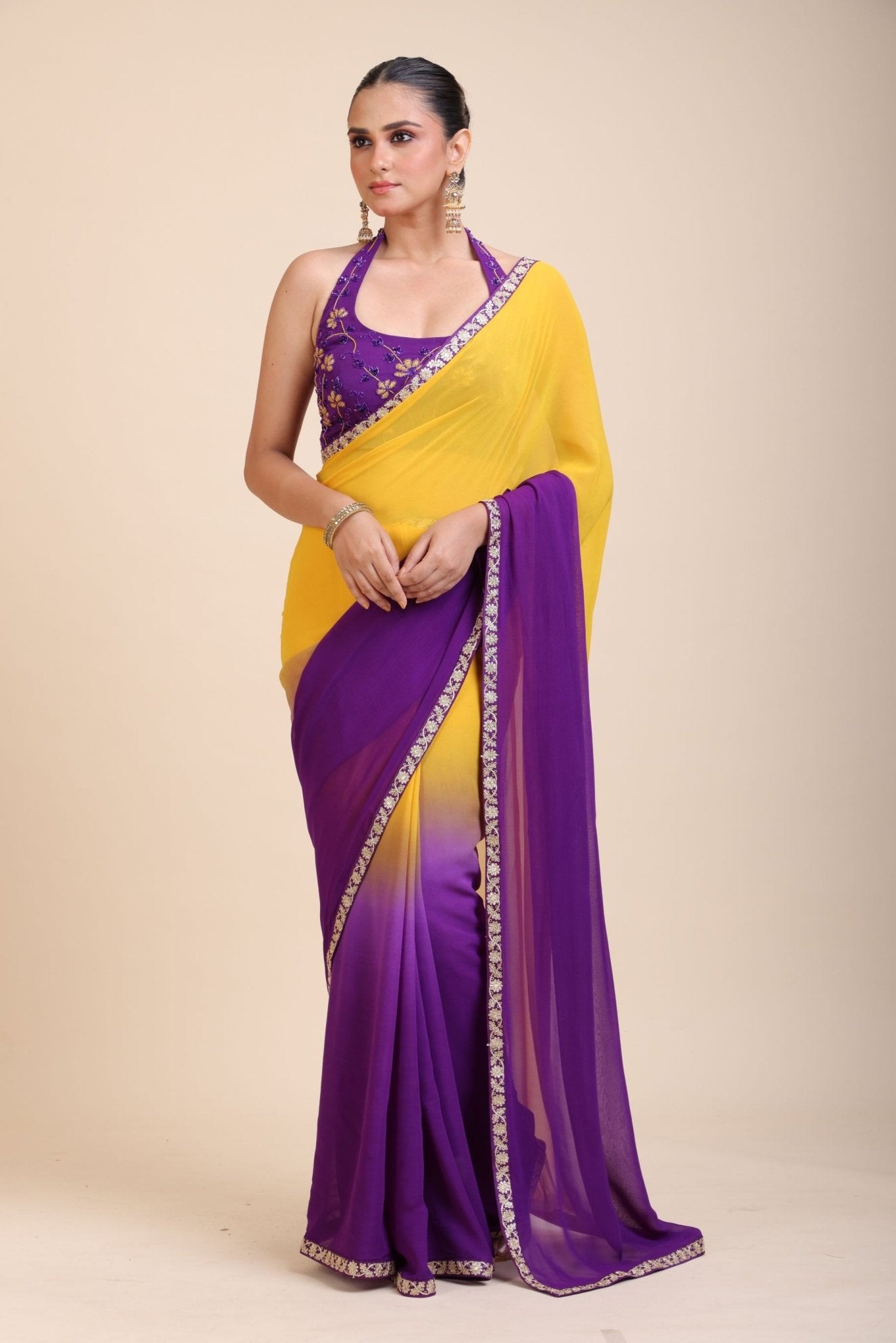 Yellow Purple Embroidered Designer Saree - Anvi Couture