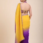 Yellow Purple Embroidered Designer Saree - Back
