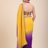 Yellow Purple Embroidered Designer Saree - Back
