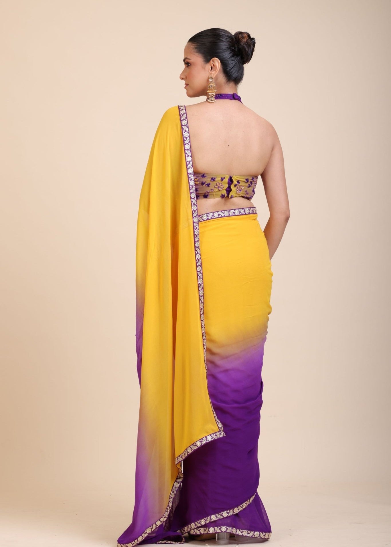 Yellow Purple Embroidered Designer Saree - Anvi Couture