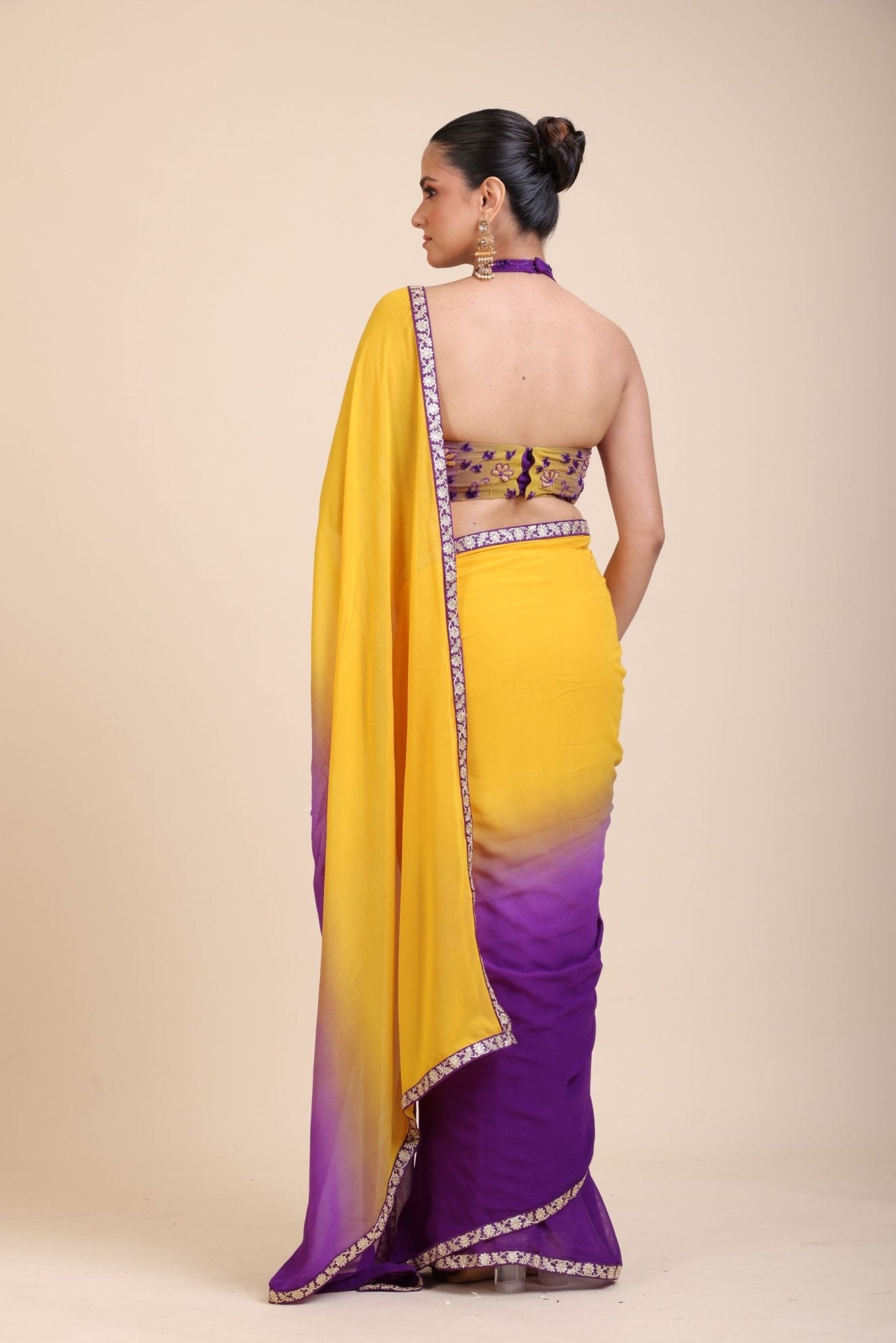 Yellow Purple Embroidered Designer Saree - Anvi Couture
