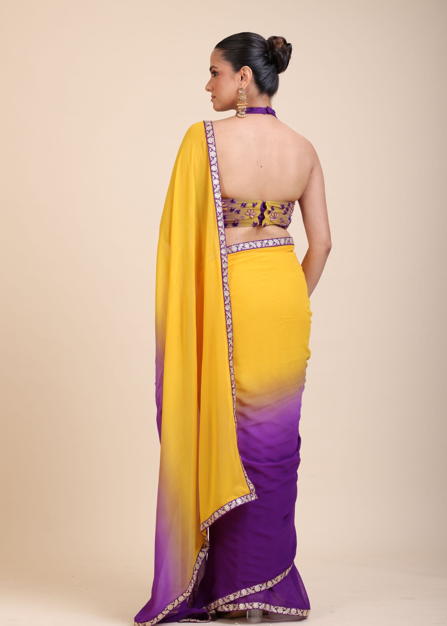 Yellow Purple Embroidered Designer Saree - Back
