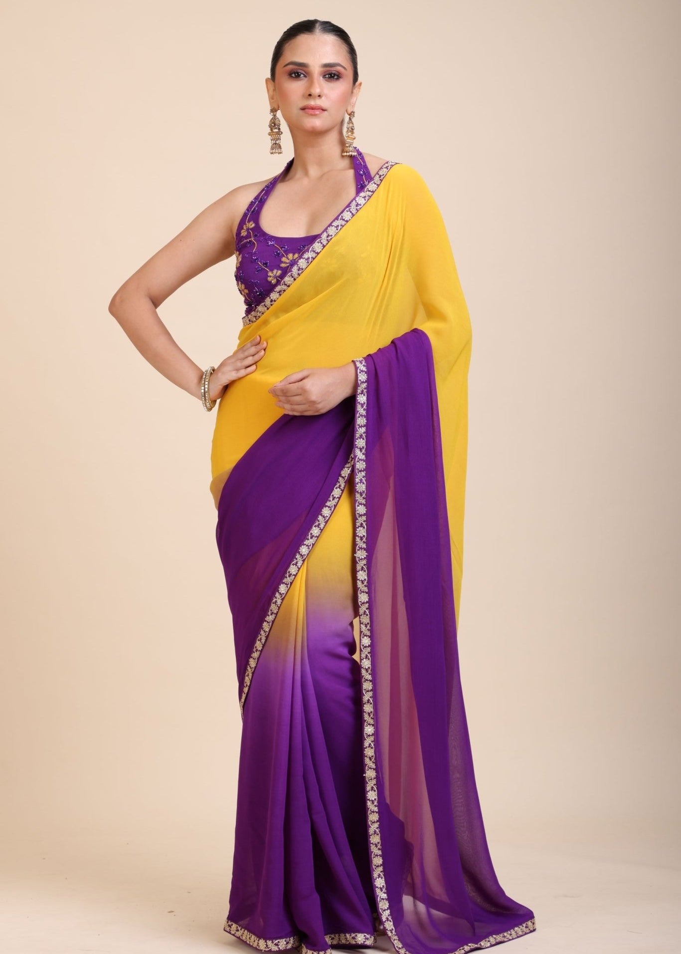 Yellow Purple Embroidered Designer Saree - Anvi Couture