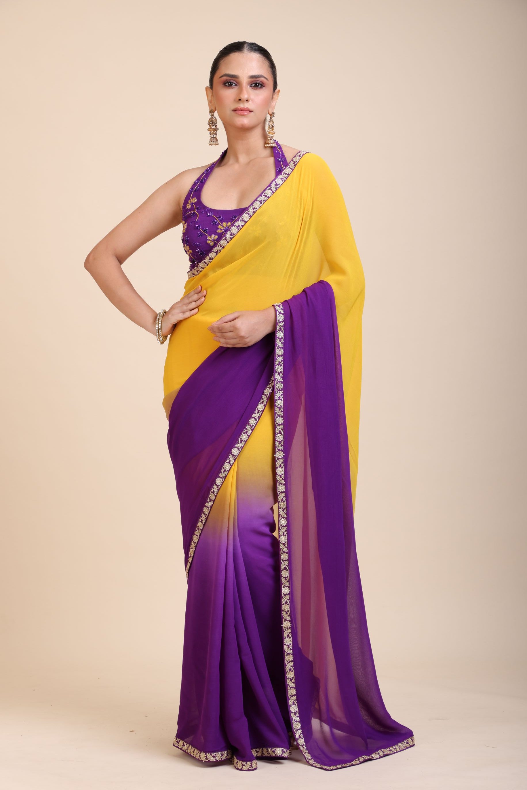 Yellow Purple Embroidered Designer Saree Full
