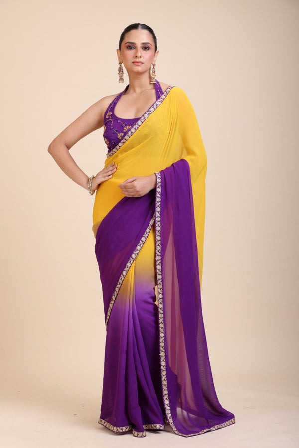Yellow Purple Embroidered Designer Saree - Anvi Couture
