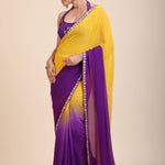 Yellow Purple Embroidered Designer Saree Front
