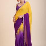 Yellow Purple Embroidered Designer Saree Front
