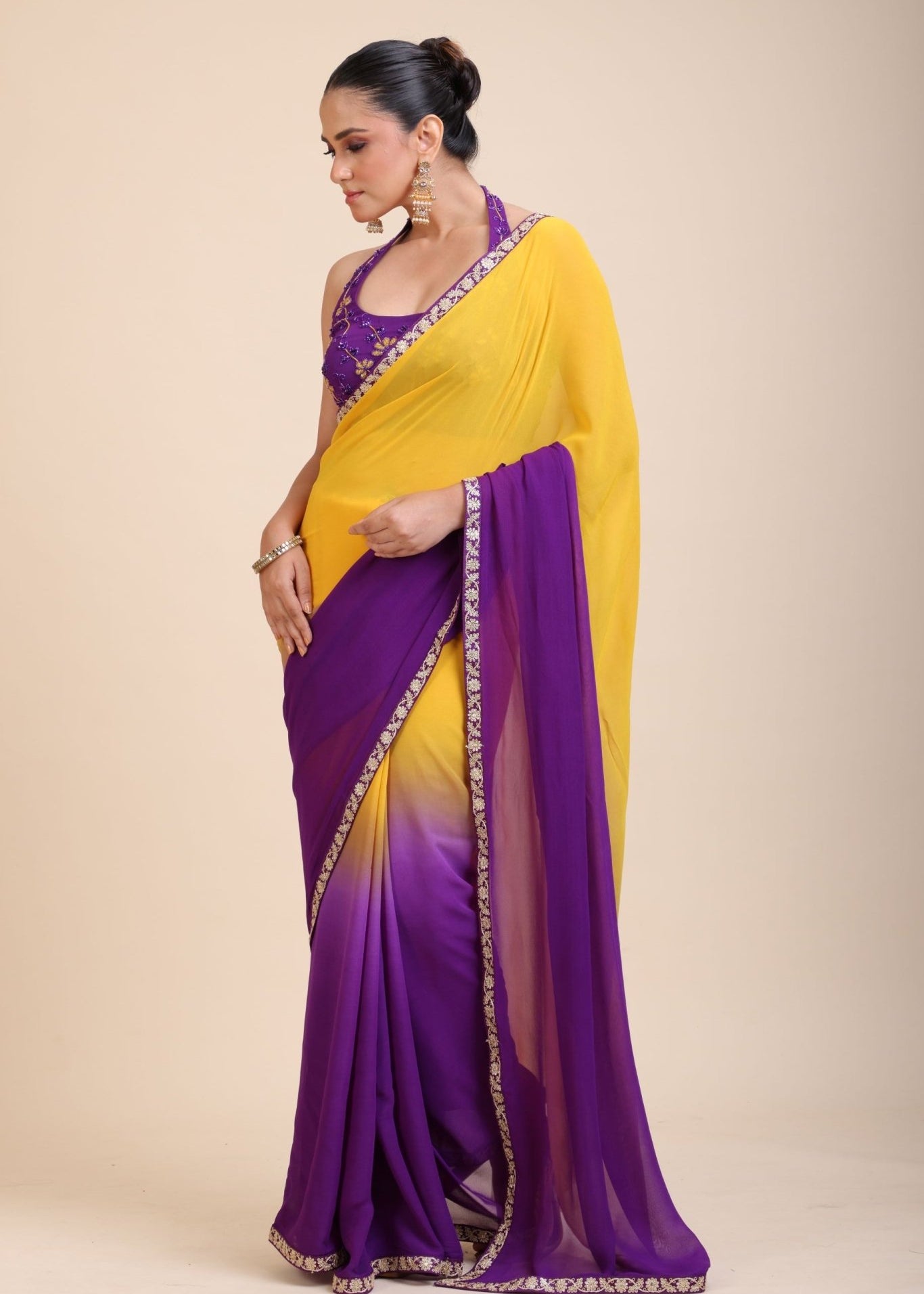 Yellow Purple Embroidered Designer Saree - Anvi Couture