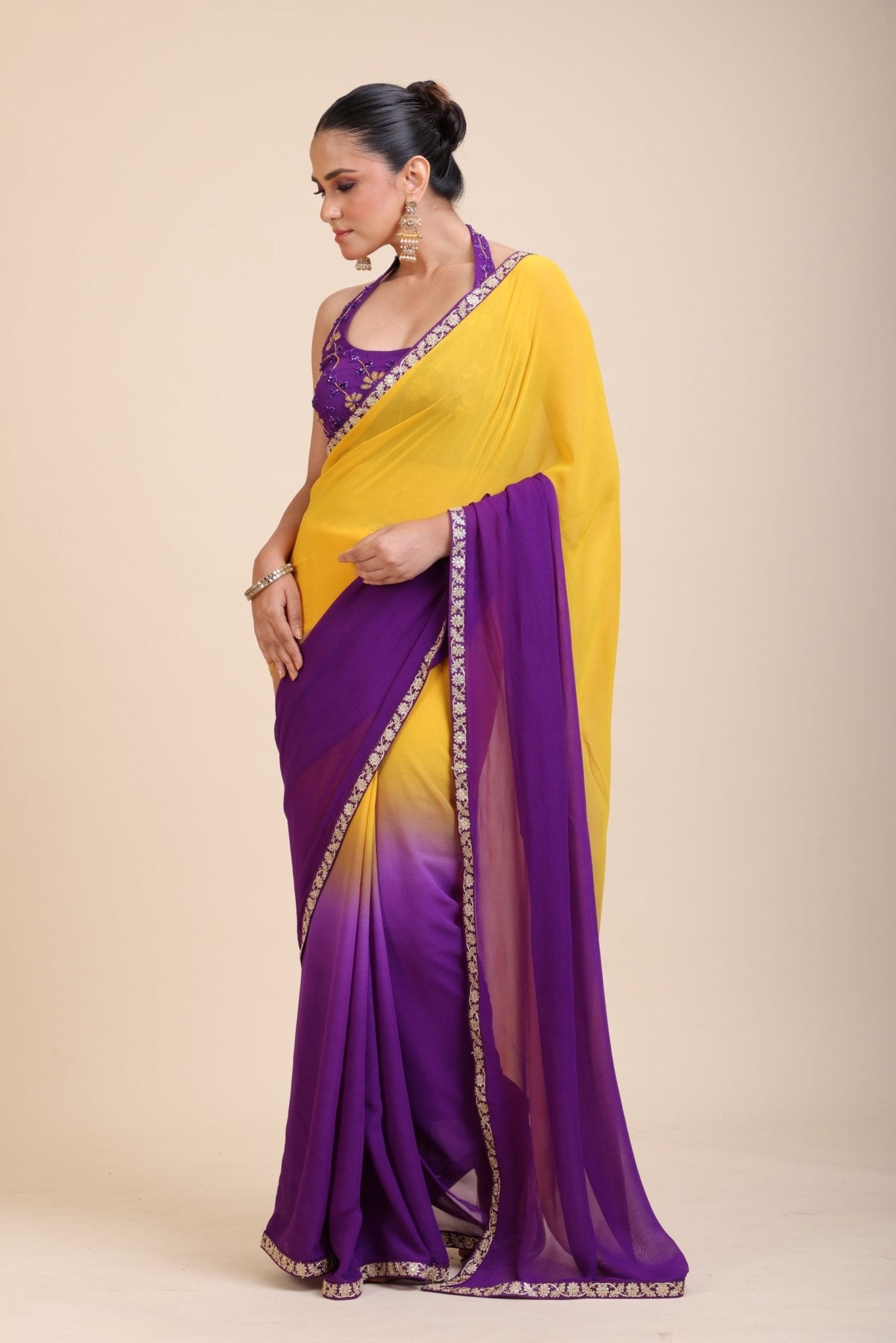 Yellow Purple Embroidered Designer Saree Front
