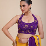 Yellow Purple Embroidered Designer Saree Close Up
