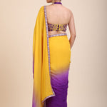 Yellow Purple Embroidered Designer Saree Back
