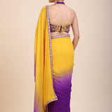 Yellow Purple Embroidered Designer Saree Back
