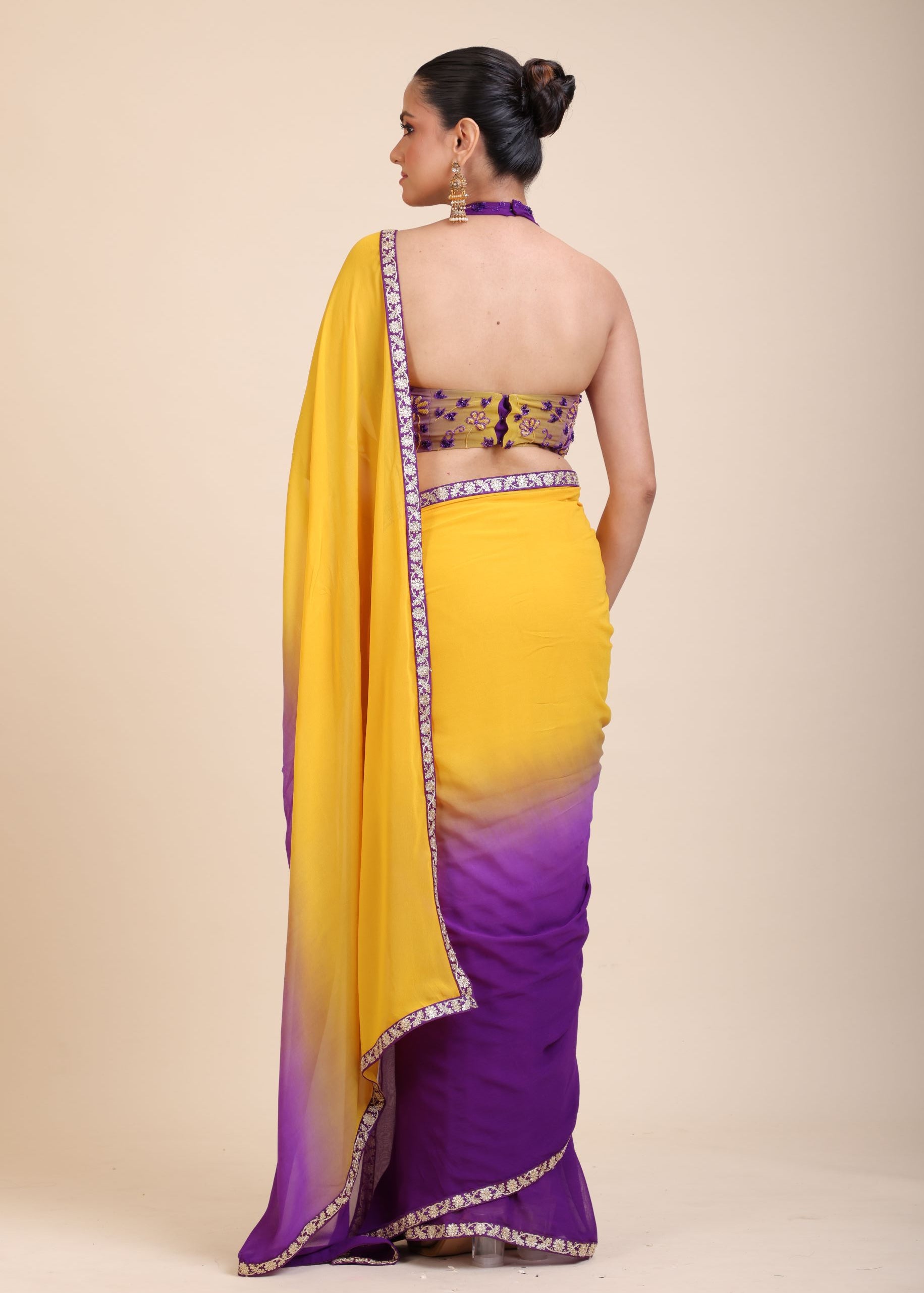 Yellow Purple Embroidered Designer Saree Back
