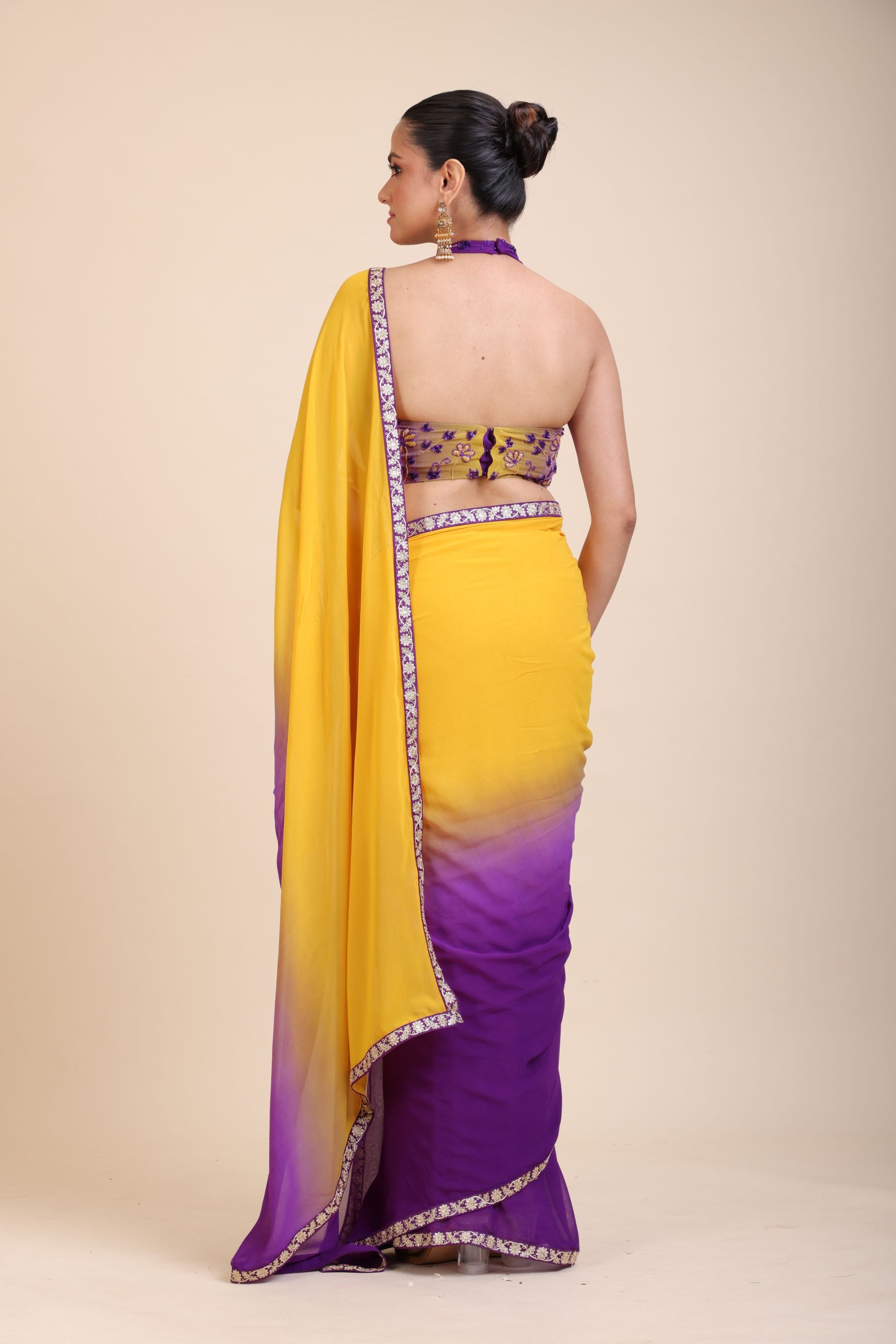 Yellow Purple Embroidered Designer Saree Back
