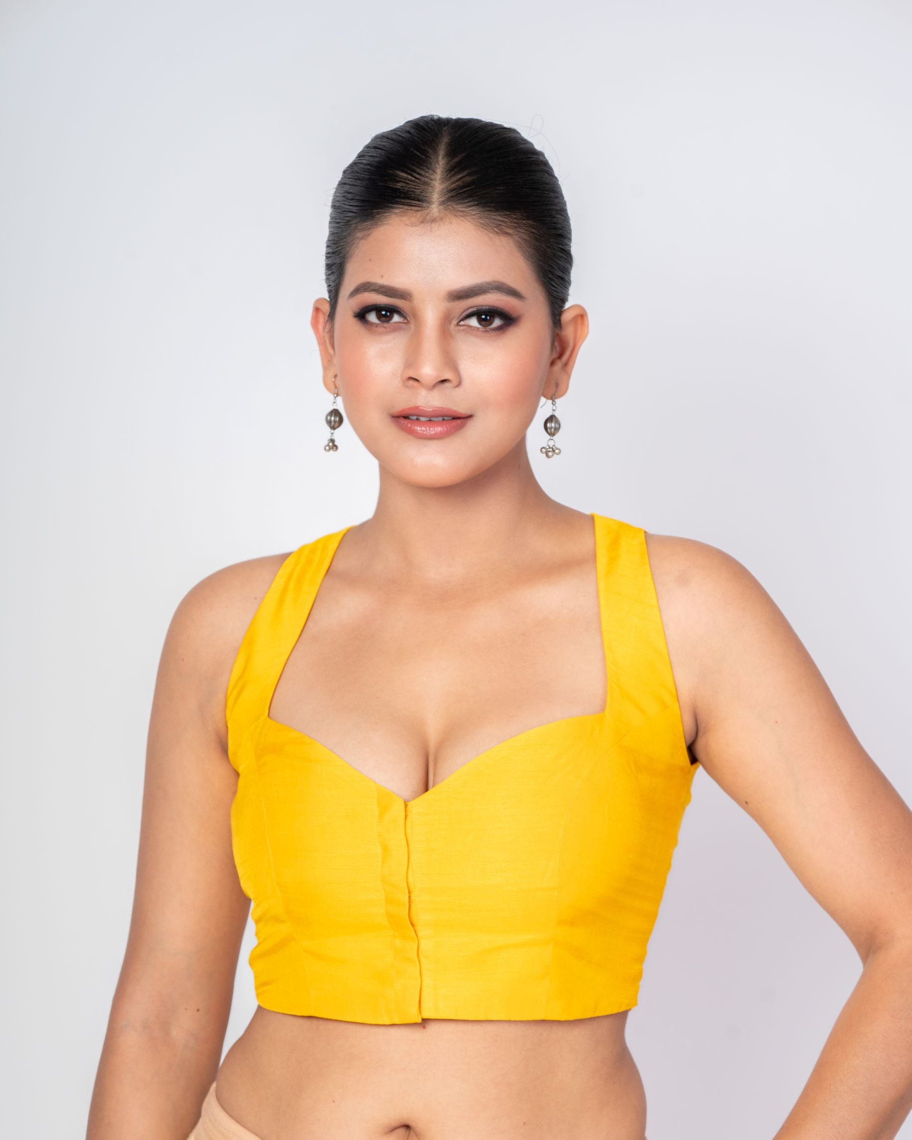 Yellow Queen Anne Sleeveless Raw Silk Blouse with Front Closure. - Anvi Couture
