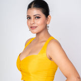Yellow Queen Anne Sleeveless Raw Silk Blouse with Front Closure 