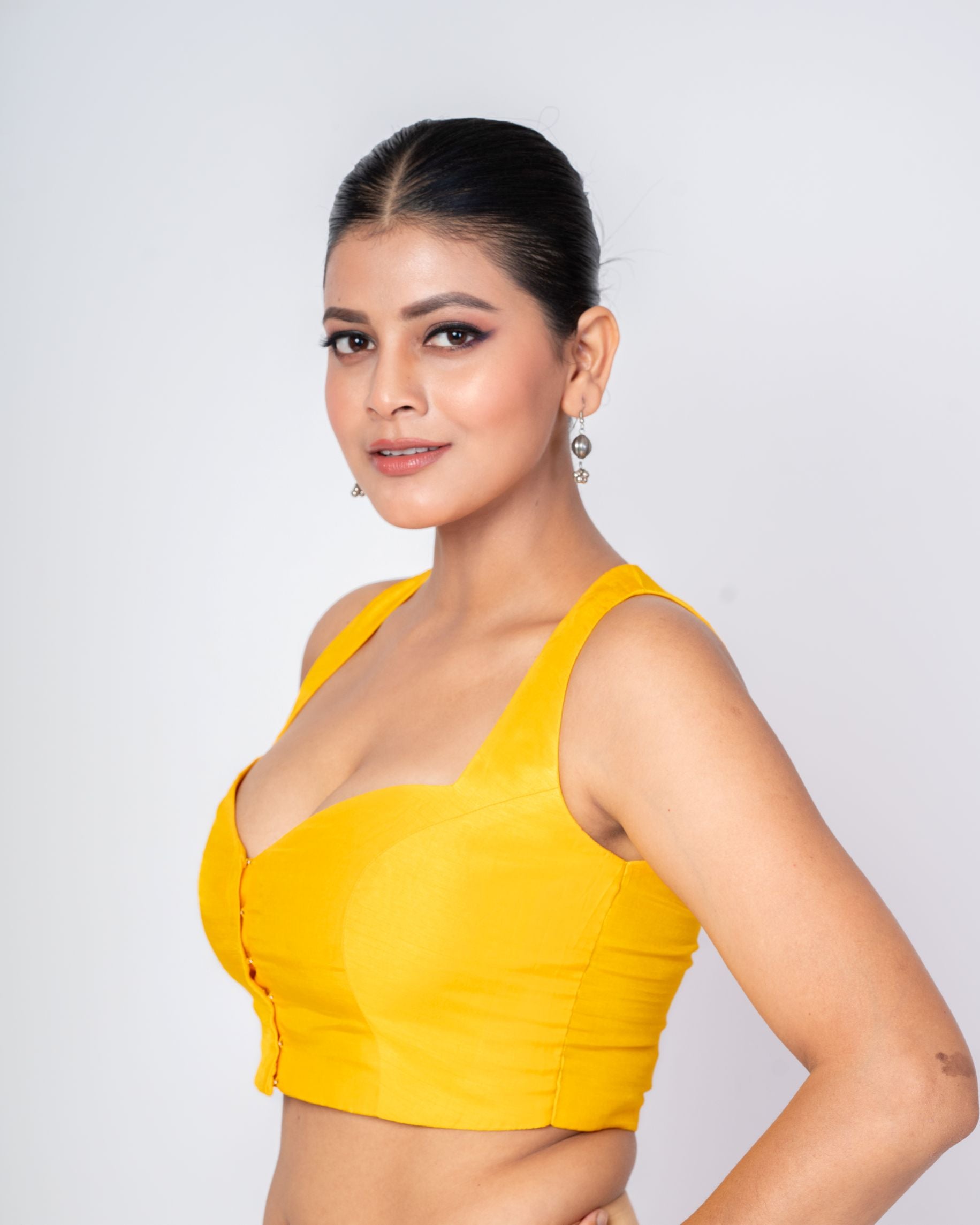 Yellow Queen Anne Sleeveless Raw Silk Blouse with Front Closure 