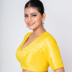 Yellow Raw Silk V - Neck Blouse with Diamond Cut Back & Elbow Sleeves - Anvi Couture
