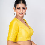 Yellow Raw Silk V - Neck Blouse with Diamond Cut Back & Elbow Sleeves - Anvi Couture