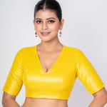 Yellow Raw Silk V - Neck Blouse with Diamond Cut Back & Elbow Sleeves - Anvi Couture